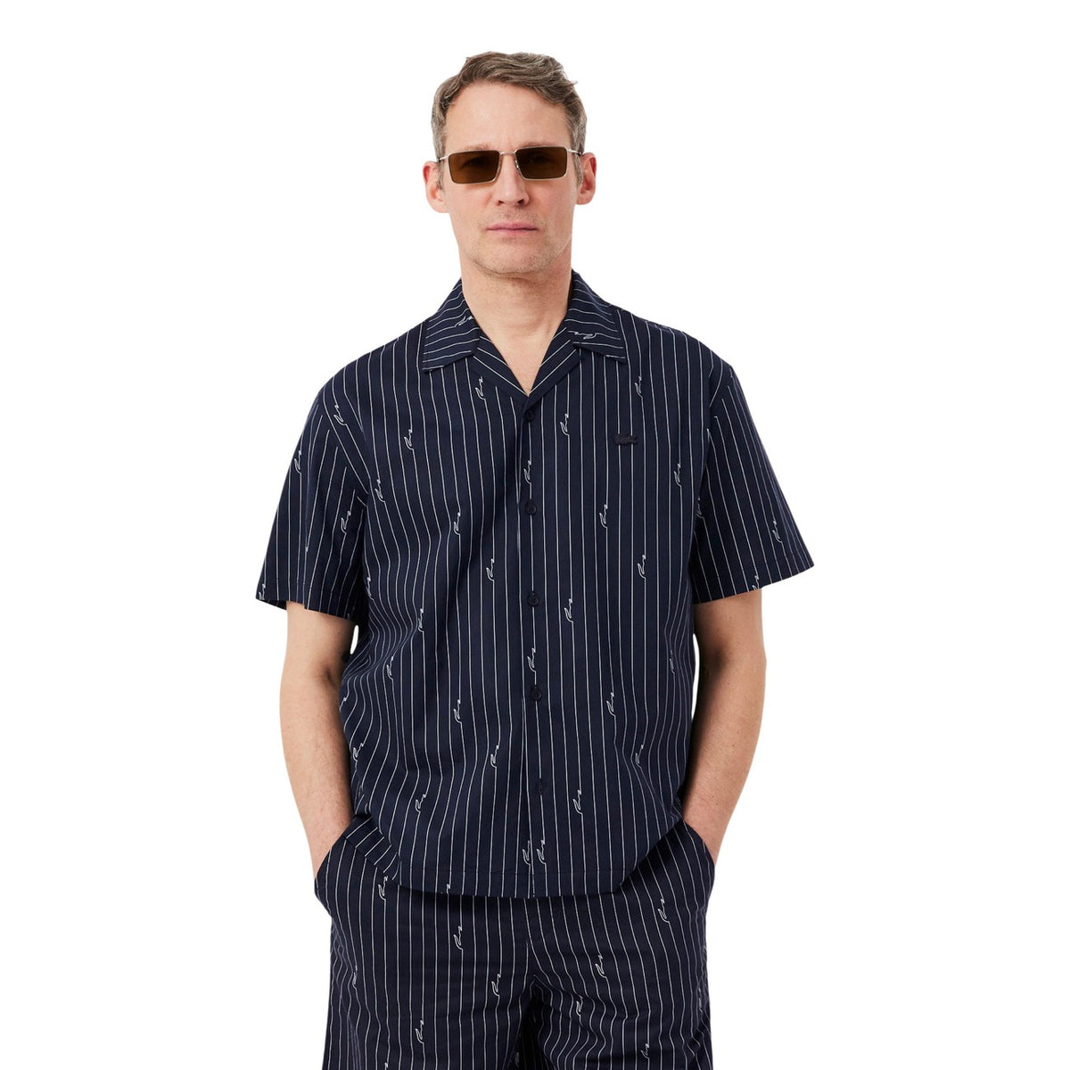 Lacoste — Chemise CH2343 noire rayée à col ouvert homme