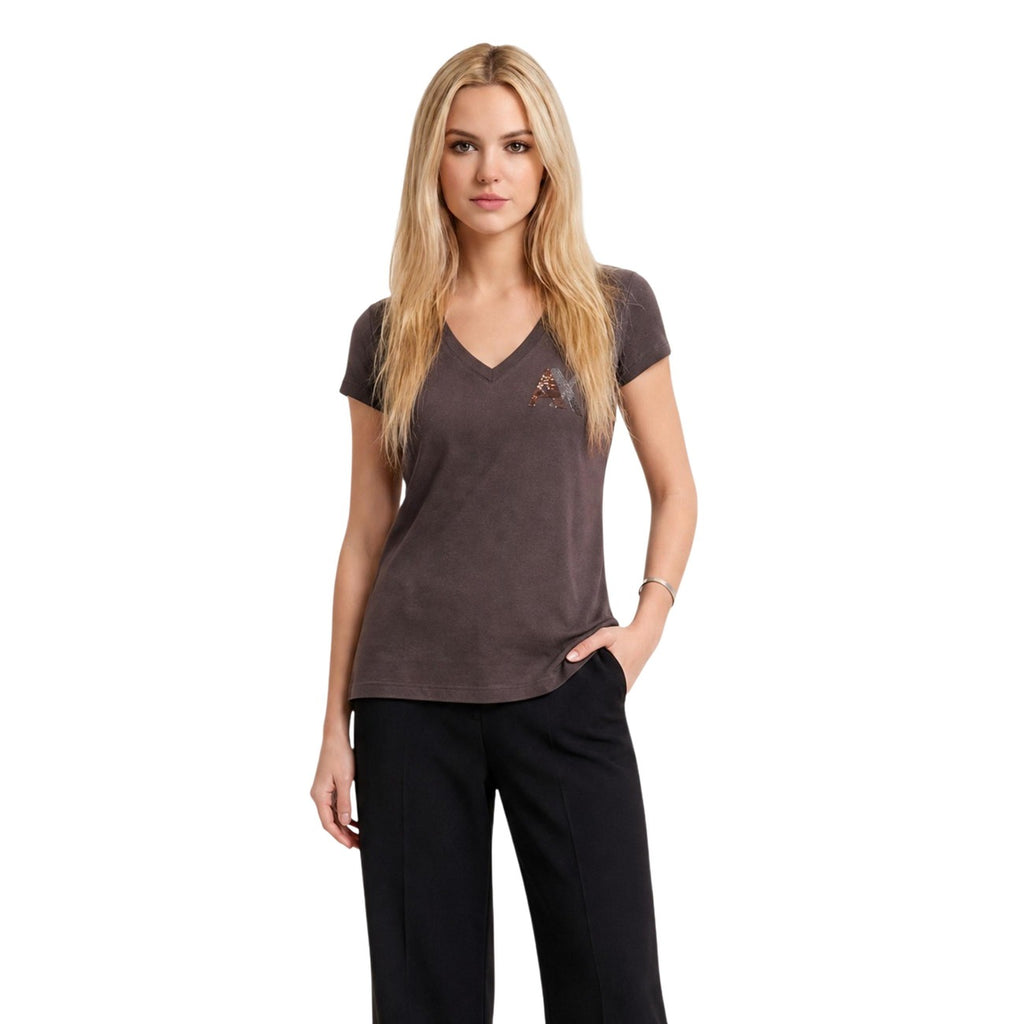 Armani Exchange — T-shirt col V marron à paillettes femme