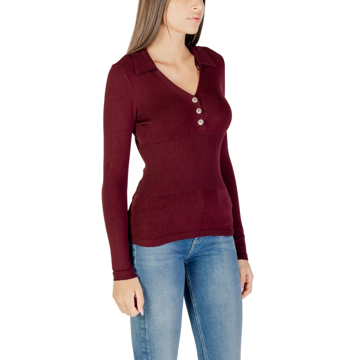 Morgan — Maille bordeaux boutonnée à col V femme — vue 3