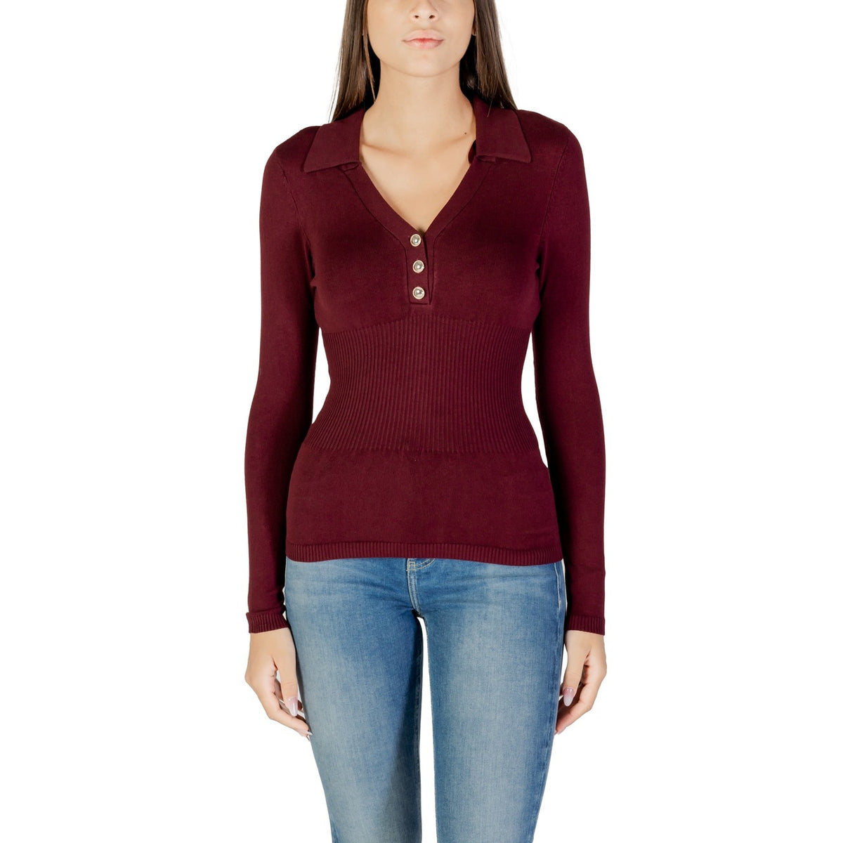 Morgan — Maille bordeaux boutonnée à col V femme