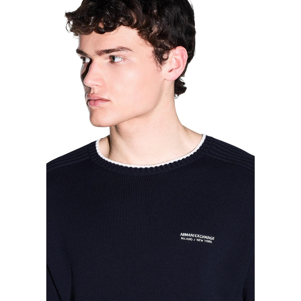 Armani Exchange — Men's blue round-neck cotton-blend sweater — view 4