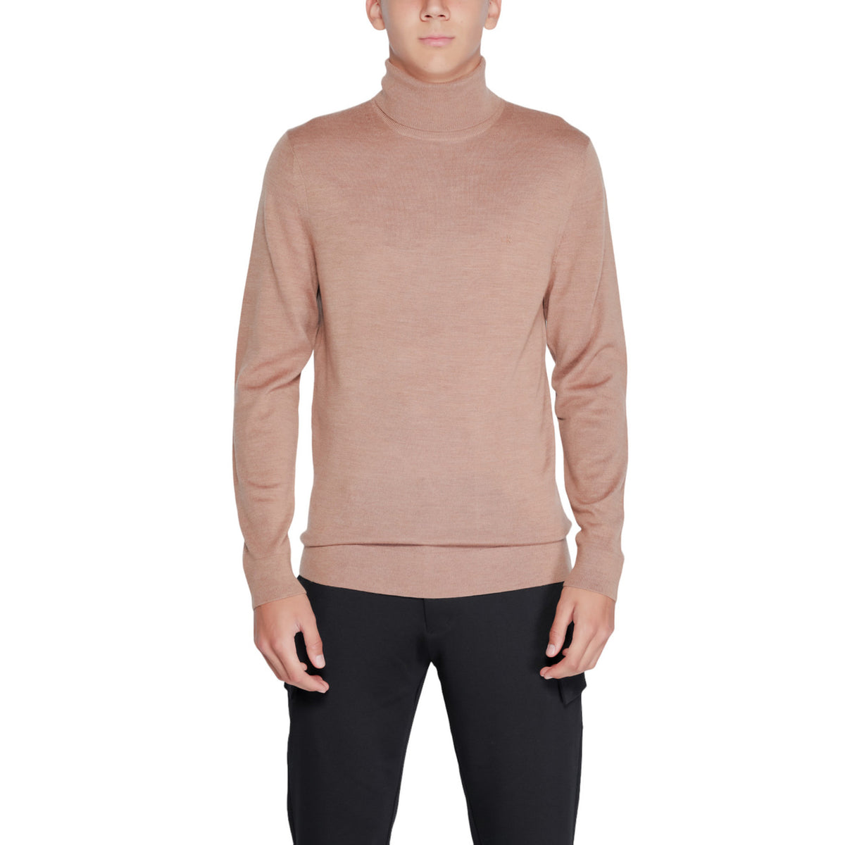 Calvin Klein — Beiger Herrenpullover aus Wolle mit Stehkragen