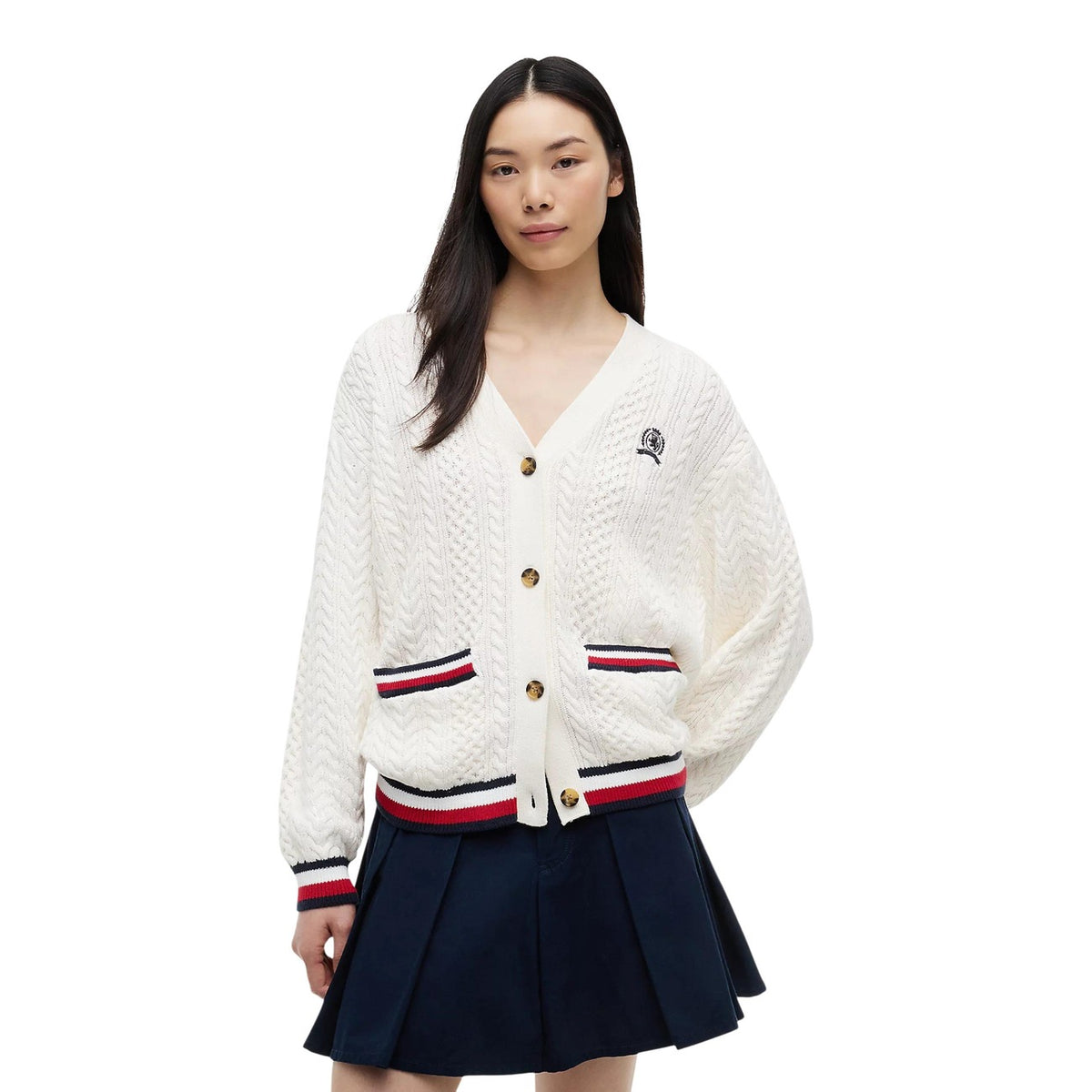 Tommy Jeans — Pull blanc boutonné en coton bio femme