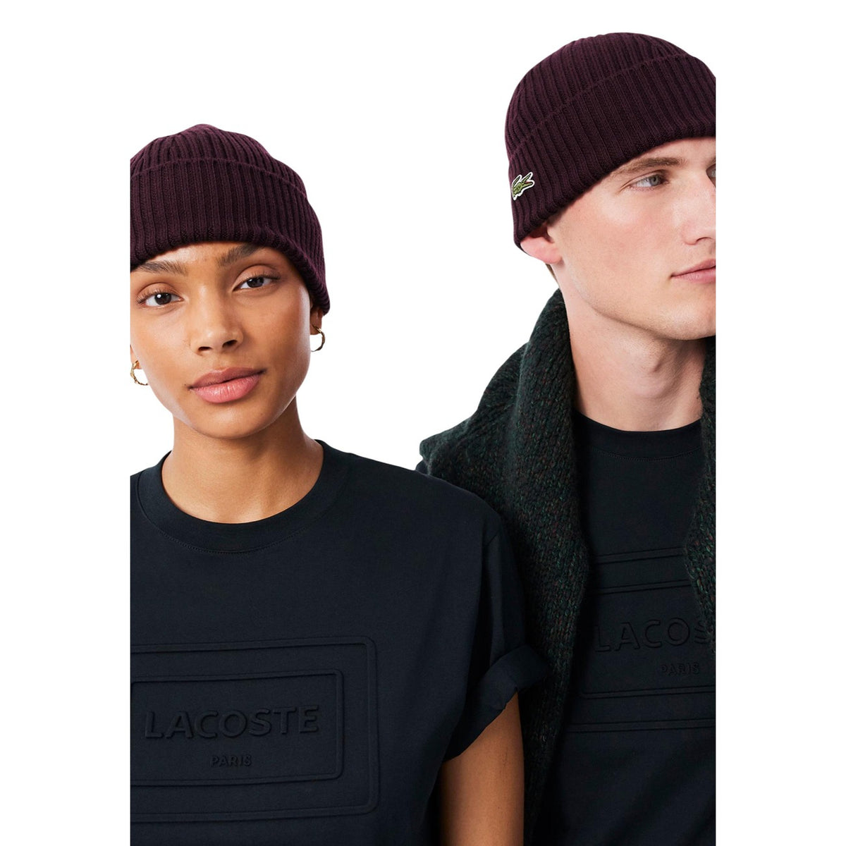 Lacoste — Bonnet côtelé bordeaux en laine — vue 3