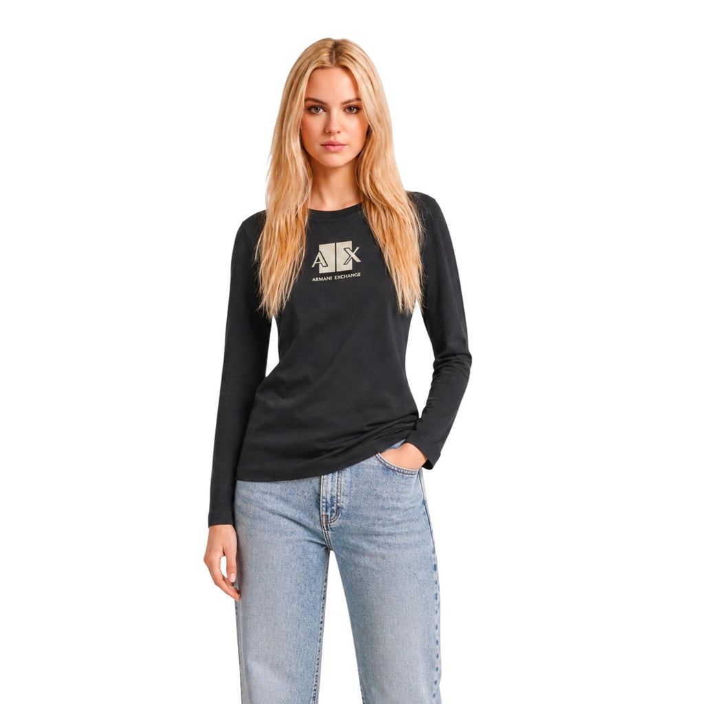 Armani Exchange — Zwart T-shirt met lange mouwen en print voor dames