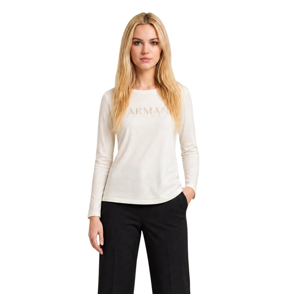 Armani Exchange — Beige damestrui met lange mouwen en strasssteentjes