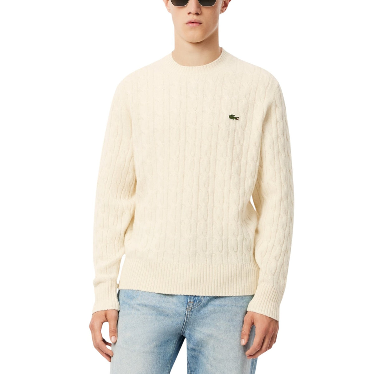 Lacoste — Pull torsadé AH2924 blanc en laine homme — vue 4