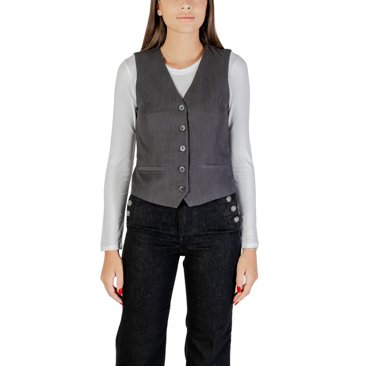 Only — Gilet boutonné col V gris femme