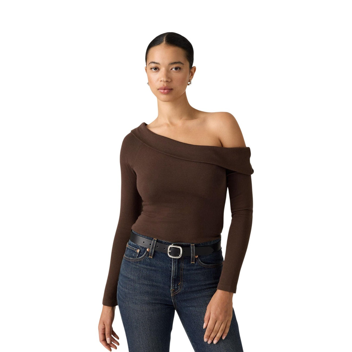 Levi’s — Top côtelé Bardot manches longues marron femme