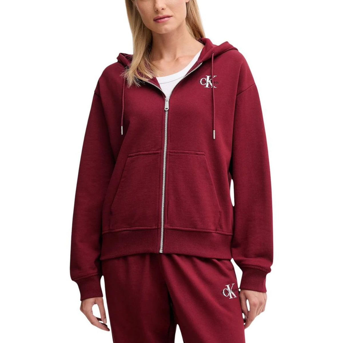 Calvin Klein Jeans — Bordeauxrood damesvest met rits en capuchon LV047B270G