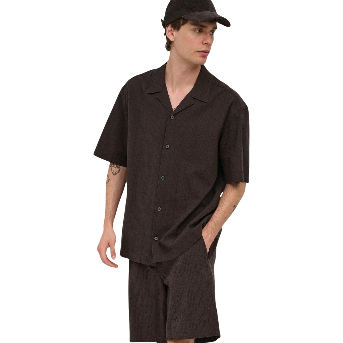 Only & Sons — Ensemble Cruz seersucker manches courtes marron homme