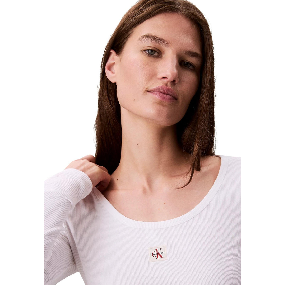 Calvin Klein Jeans – Weißes Langarm-Stretch-T-Shirt für Damen — Ansicht 3