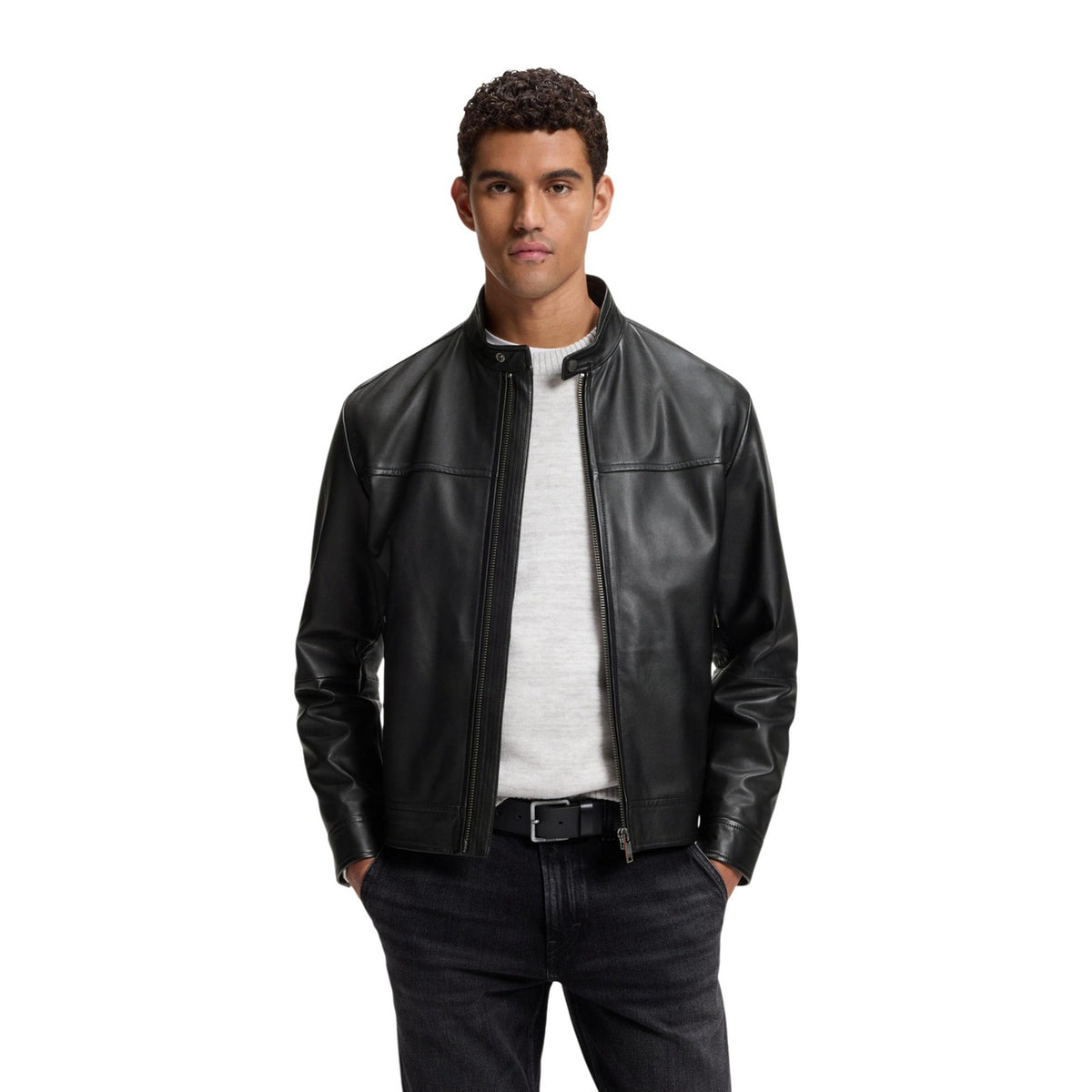 BOSS — Veste biker Joslay1 en cuir noire homme