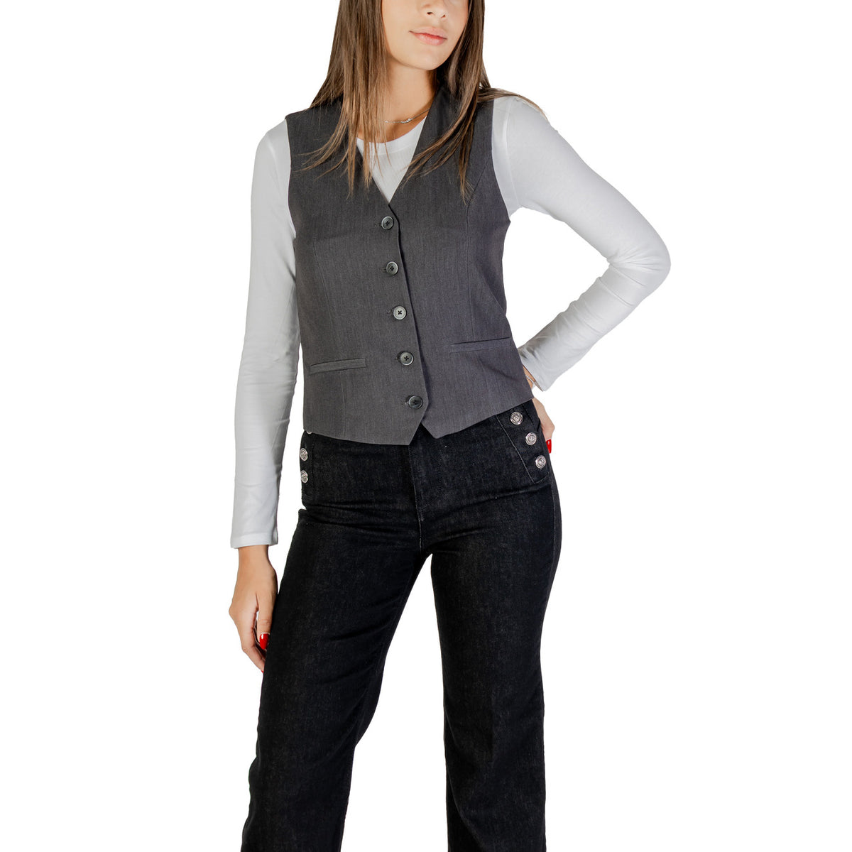 Only — Gilet boutonné col V gris femme — vue 5