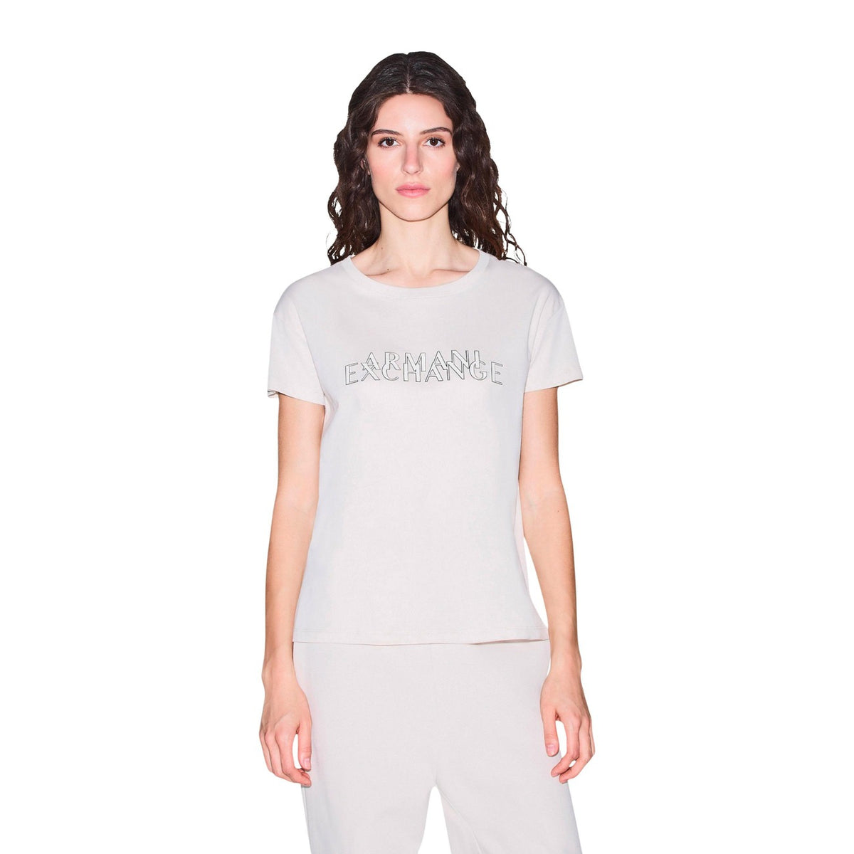 Armani Exchange — T-shirt imprimé beige en coton femme