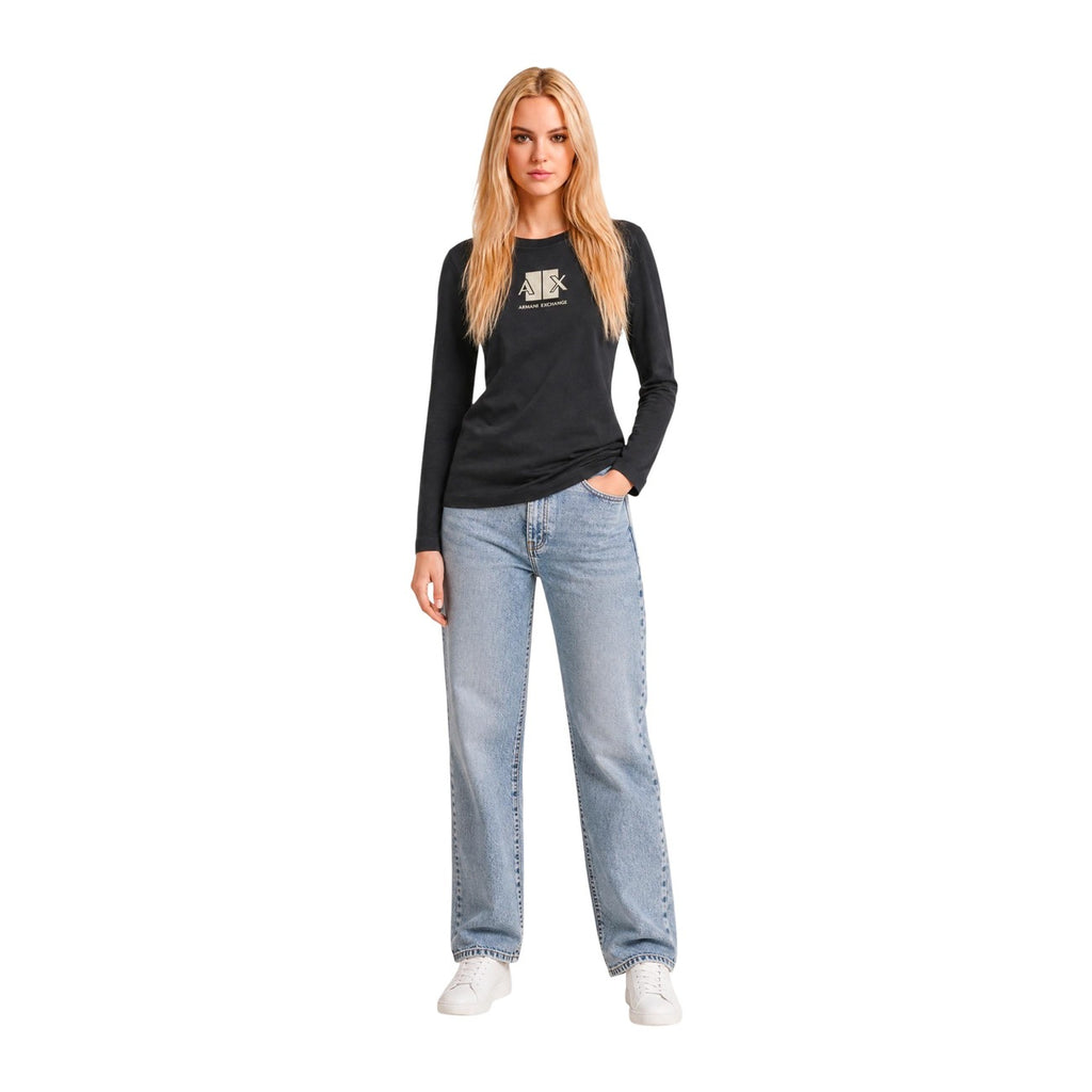 Armani Exchange — Zwart T-shirt met lange mouwen en print voor dames — afbeelding 4