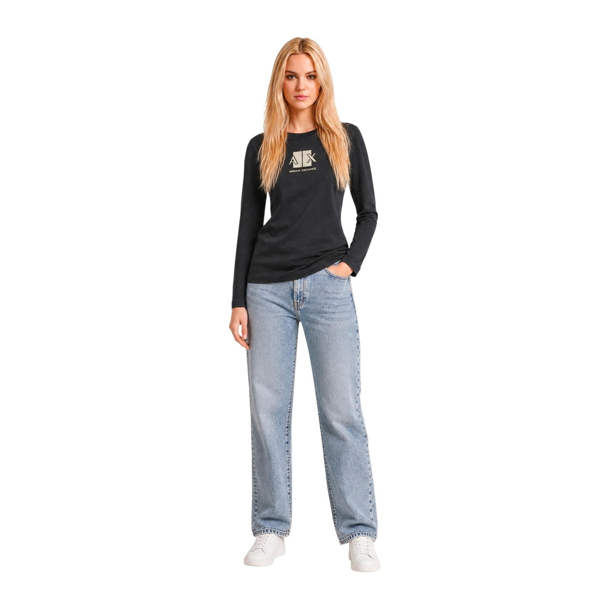 Armani Exchange — Zwart T-shirt met lange mouwen en print voor dames — afbeelding 4