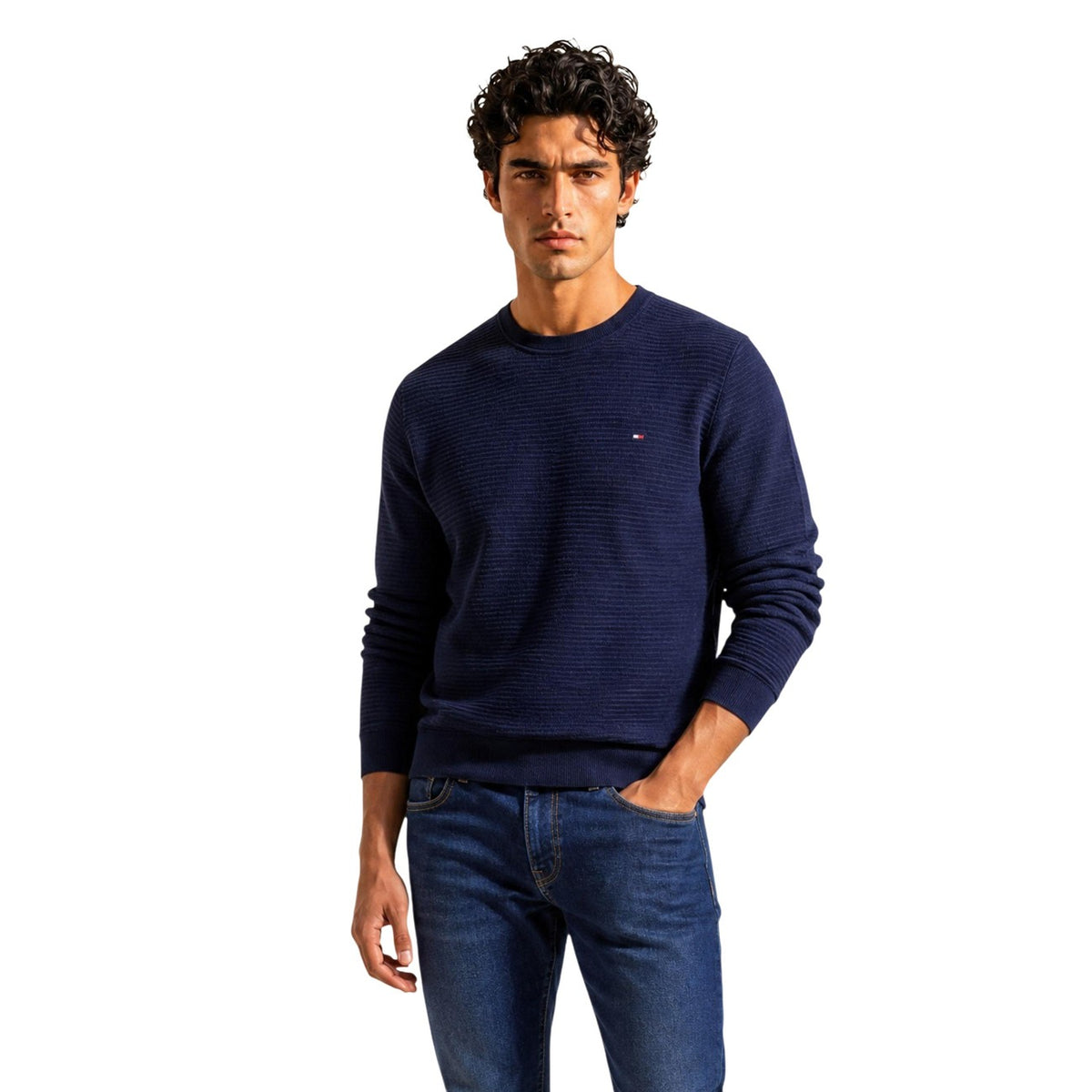 Tommy Hilfiger — Heren trui met ronde hals van katoen en kasjmier blauw