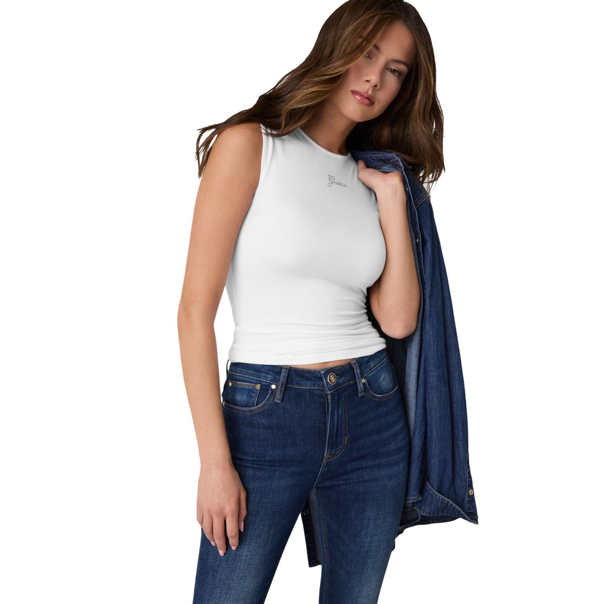 Guess — Top sans manches Mini Logo blanc femme
