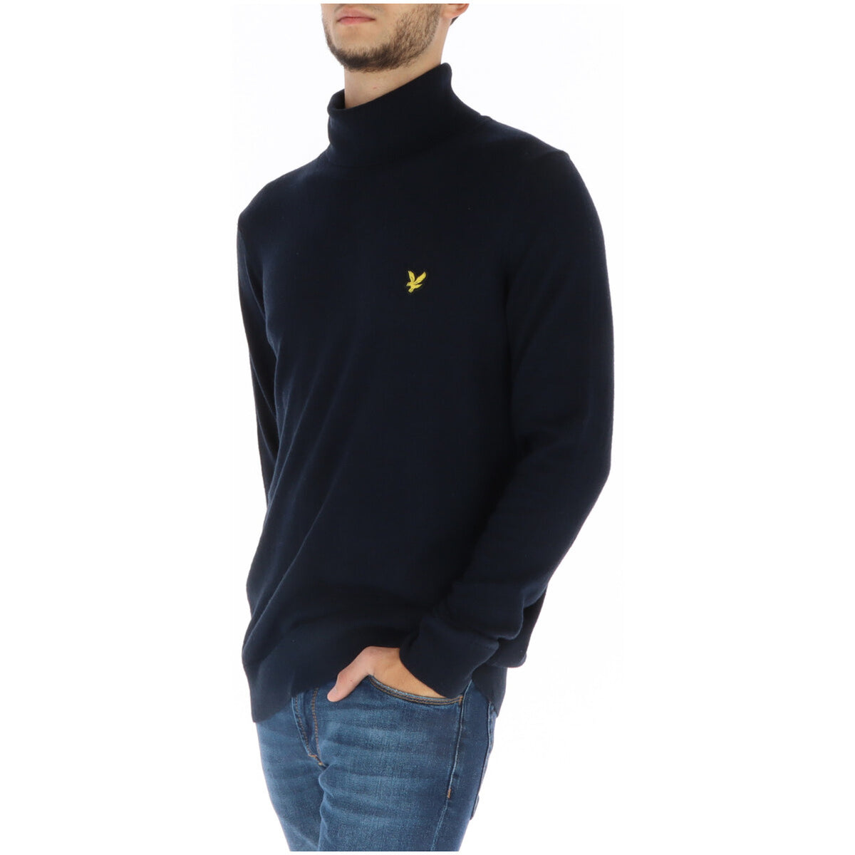 Lyle & Scott — Pull col montant bleu coton et laine mérinos homme — vue 3