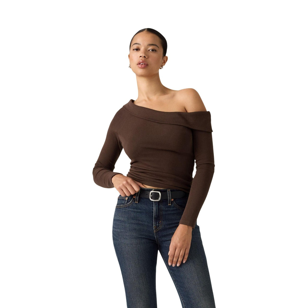 Levi’s — Top côtelé Bardot manches longues marron femme — vue 3