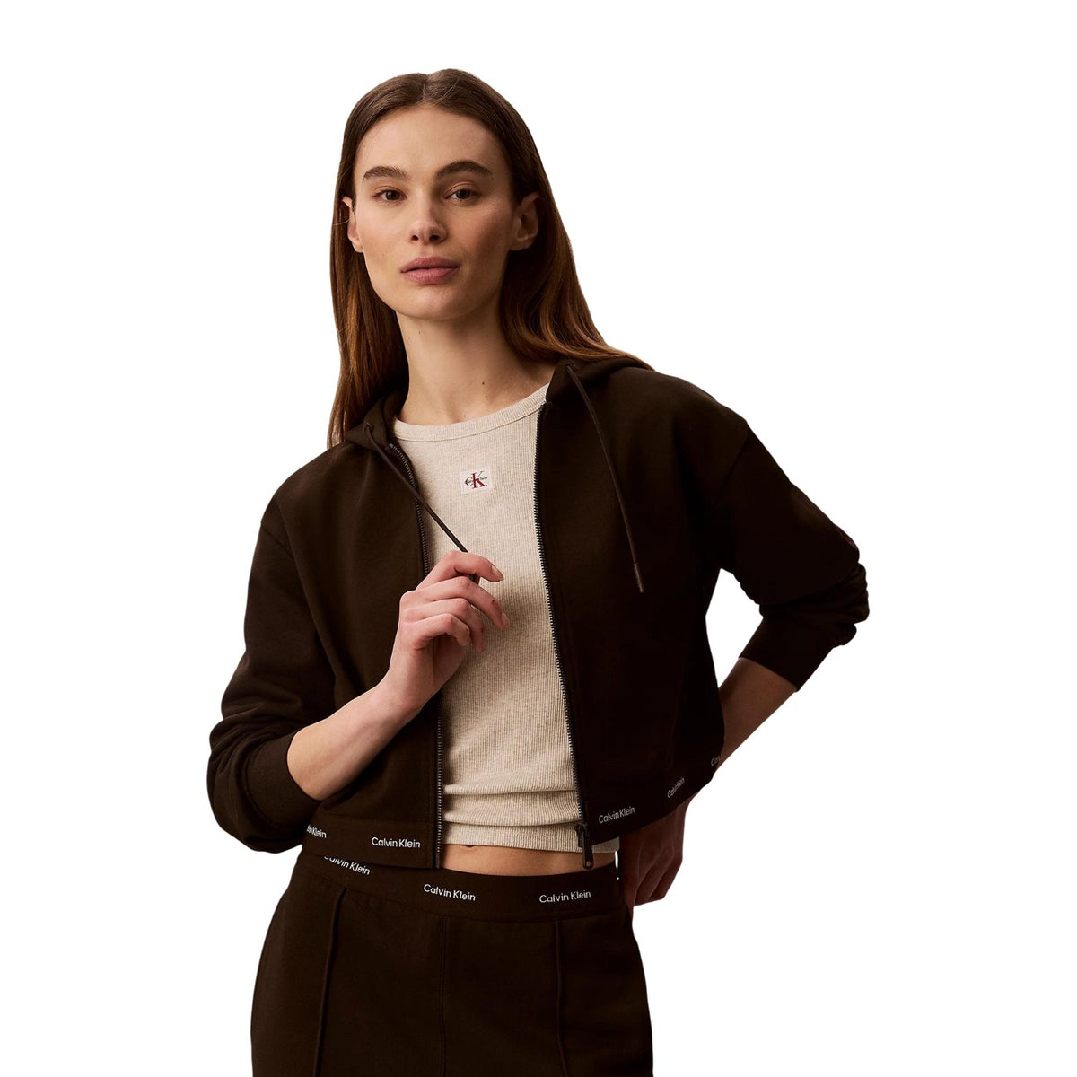 Calvin Klein Jeans — Bruin damesvest met rits en capuchon