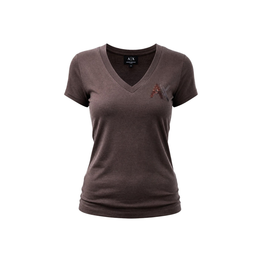 Armani Exchange — T-shirt col V marron à paillettes femme — vue 3