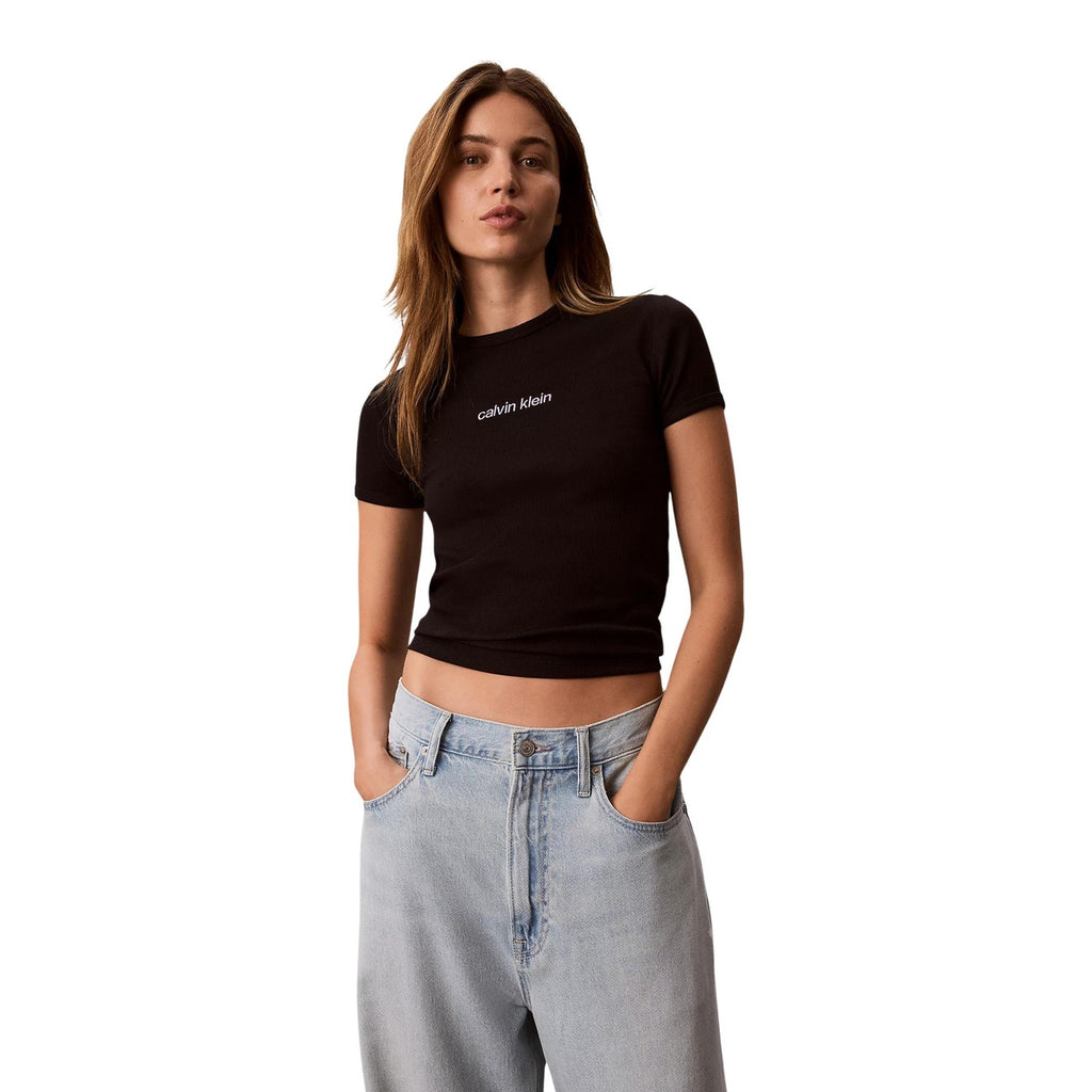 Calvin Klein Jeans – Schwarzes Stretch-T-Shirt aus 94 % Baumwolle für Damen