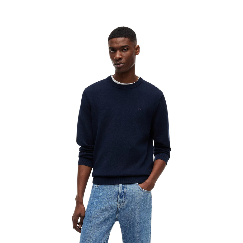 Tommy Jeans — Pull bleu col classique en coton bio homme