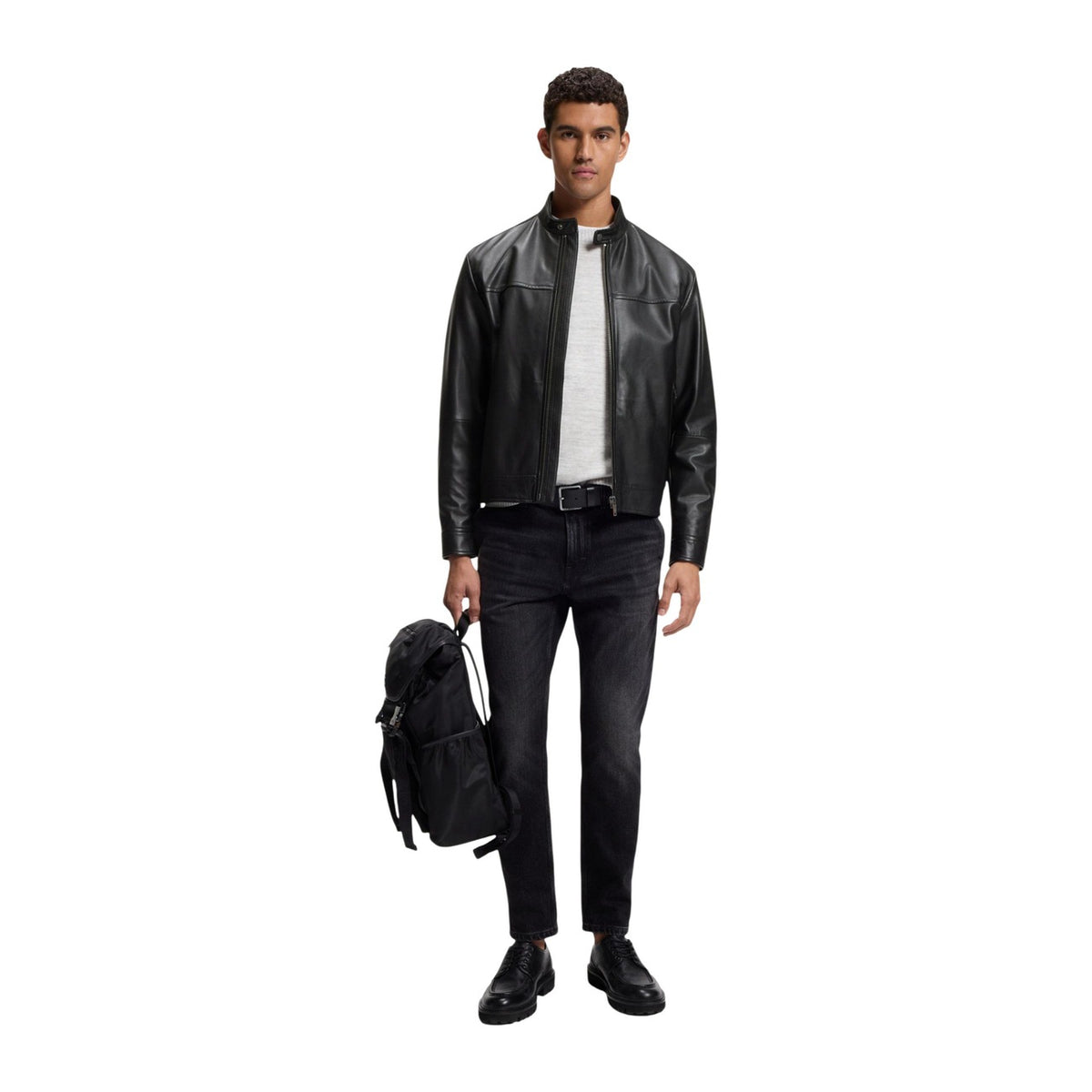 BOSS — Veste biker Joslay1 en cuir noire homme — vue 3
