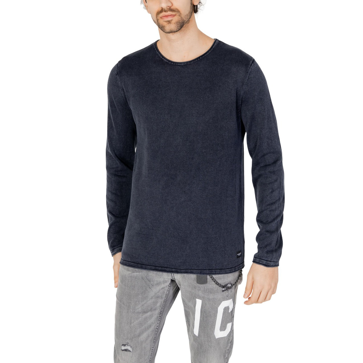 Jack & Jones — Men’s navy blue round-neck knitted sweater — view 4