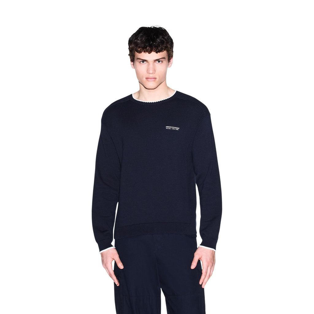 Armani Exchange — Men's blue round-neck cotton-blend sweater