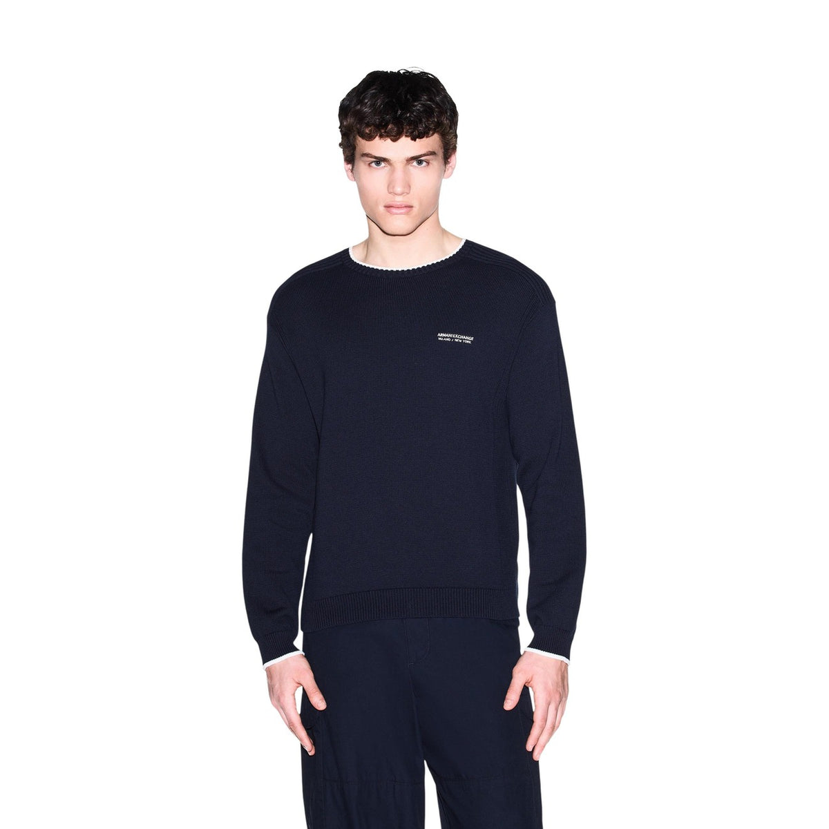 Armani Exchange — Men's blue round-neck cotton-blend sweater